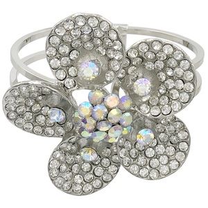 Large Clear & AB Iridescent Rhinestone Flower Silver Hinged Bangle Bracelet